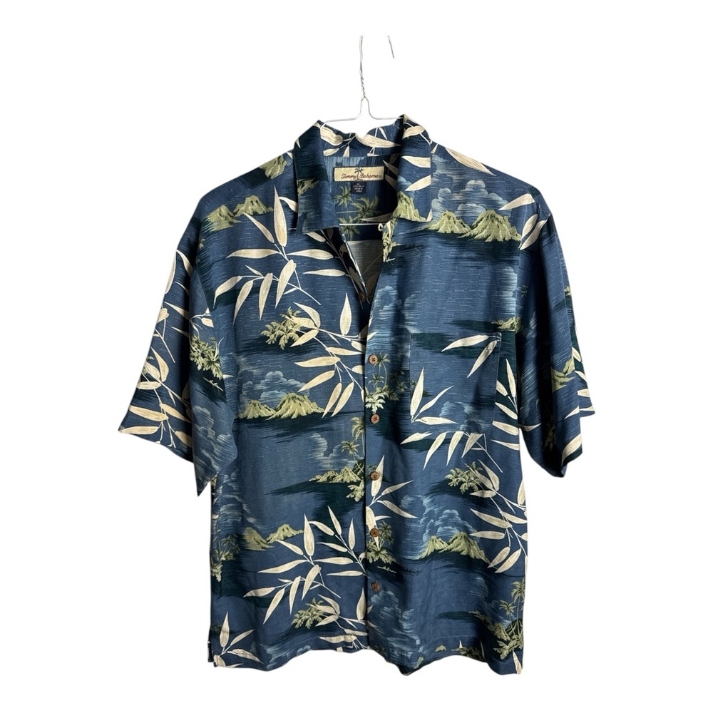 Tommy Bahama Men's Medium Blue Silk Tropical Short Sleeve Button Front Shirt